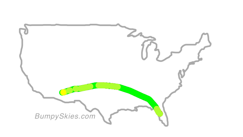 Map of continental US with illustrated flight path and turbulence forecast (described in text below)
