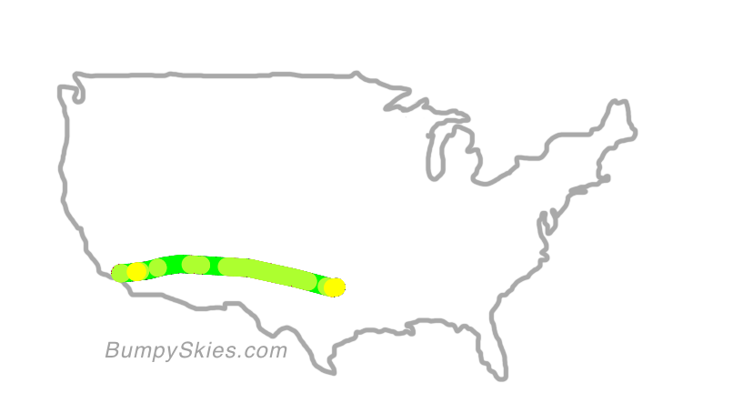 Map of continental US with illustrated flight path and turbulence forecast (described in text below)