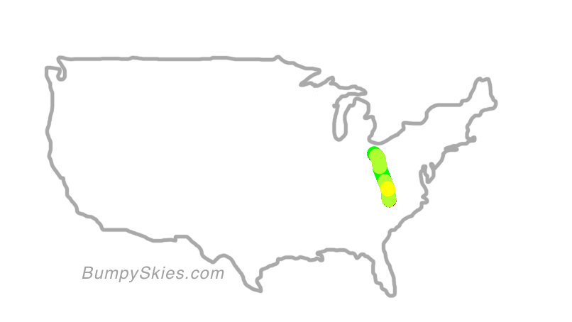 Map of continental US with illustrated flight path and turbulence forecast (described in text below)