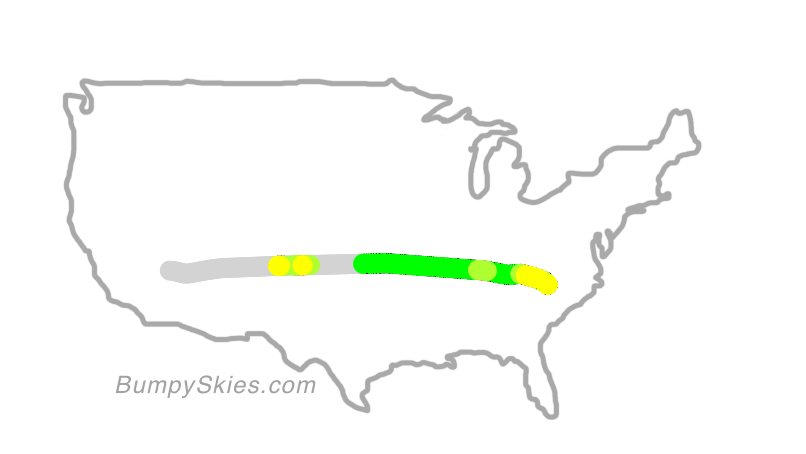 Map of continental US with illustrated flight path and turbulence forecast (described in text below)