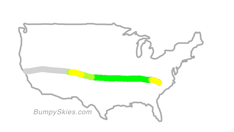 Map of continental US with illustrated flight path and turbulence forecast (described in text below)