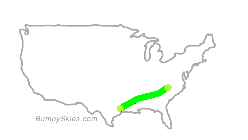 Map of continental US with illustrated flight path and turbulence forecast (described in text below)