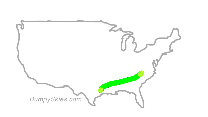 Map of continental US with illustrated flight path and turbulence forecast (described in text below)