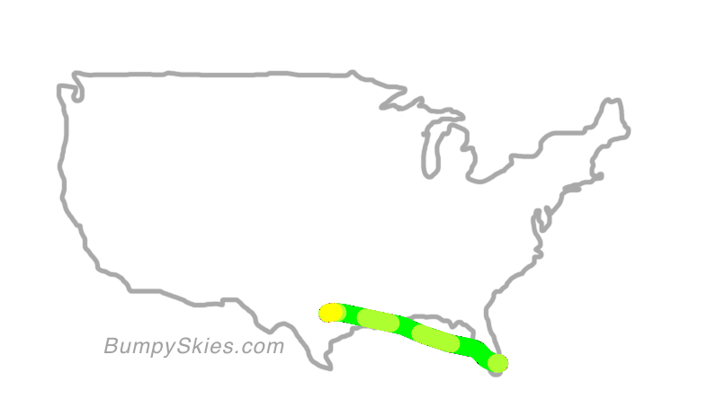 Map of continental US with illustrated flight path and turbulence forecast (described in text below)