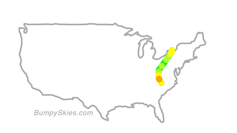 Map of continental US with illustrated flight path and turbulence forecast (described in text below)