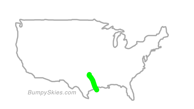 Map of continental US with illustrated flight path and turbulence forecast (described in text below)