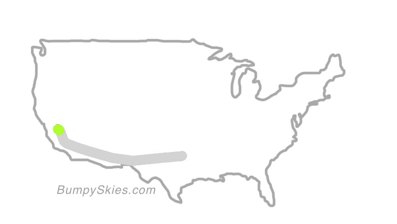 Map of continental US with illustrated flight path and turbulence forecast (described in text below)