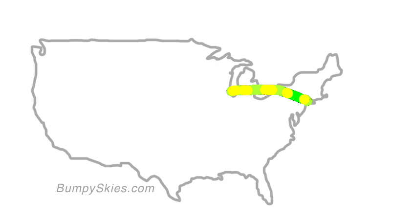 Map of continental US with illustrated flight path and turbulence forecast (described in text below)