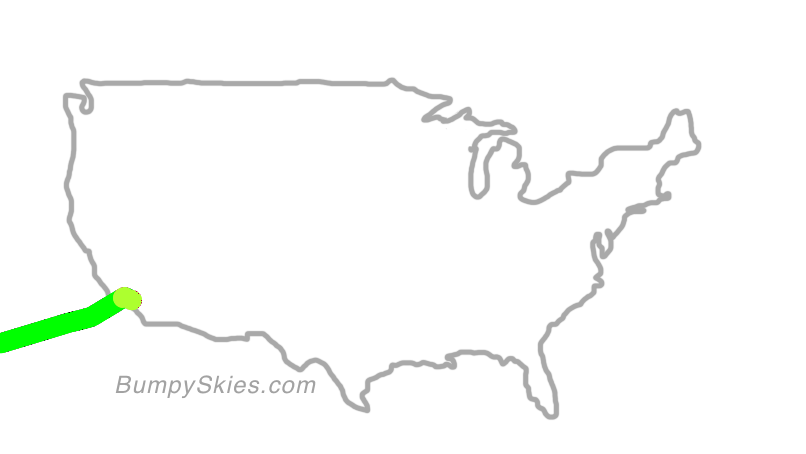 Map of continental US with illustrated flight path and turbulence forecast (described in text below)