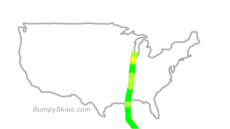 Map of continental US with illustrated flight path and turbulence forecast (described in text below)