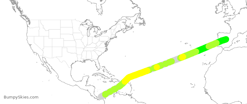 Map of continental US with illustrated flight path and turbulence forecast (described in text below)