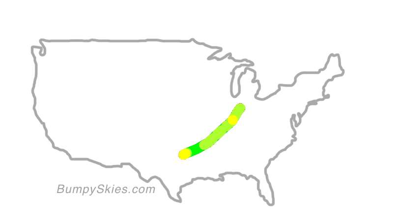 Map of continental US with illustrated flight path and turbulence forecast (described in text below)