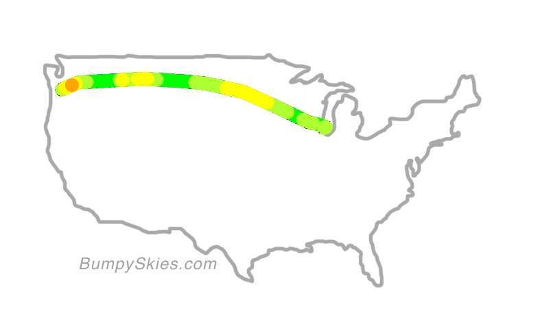 Map of continental US with illustrated flight path and turbulence forecast (described in text below)
