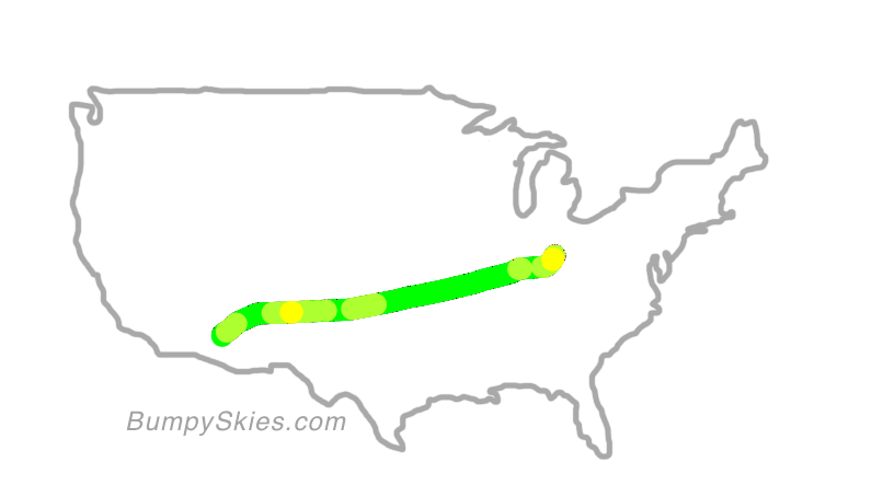 Map of continental US with illustrated flight path and turbulence forecast (described in text below)