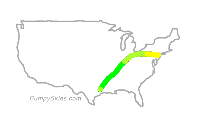 Map of continental US with illustrated flight path and turbulence forecast (described in text below)