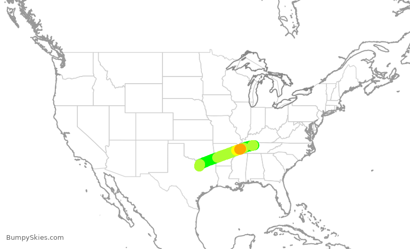Turbulence forecast map for AAL1522, BNA to DFW