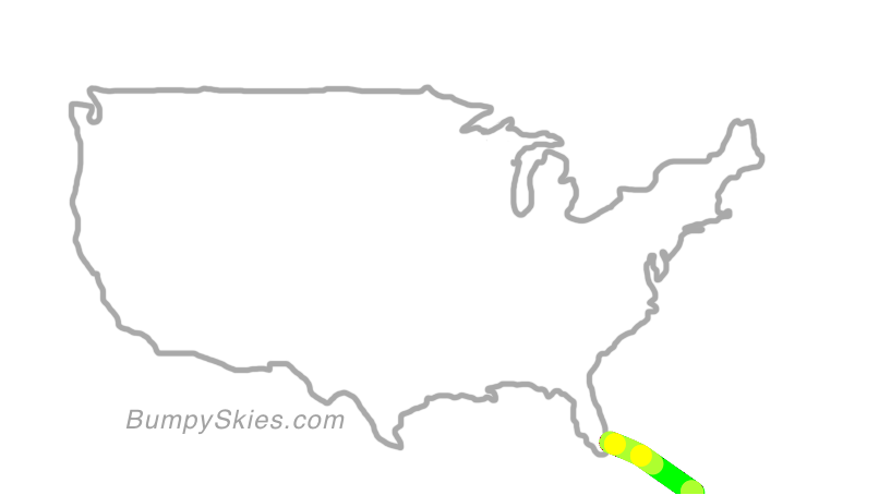 Map of continental US with illustrated flight path and turbulence forecast (described in text below)
