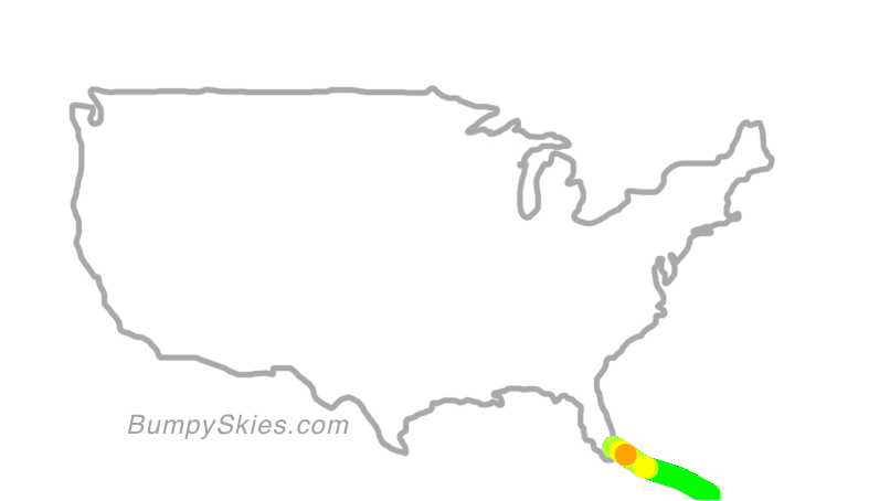 Map of continental US with illustrated flight path and turbulence forecast (described in text below)