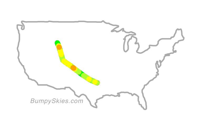 Map of continental US with illustrated flight path and turbulence forecast (described in text below)