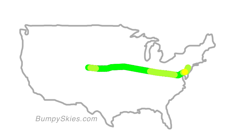 Map of continental US with illustrated flight path and turbulence forecast (described in text below)