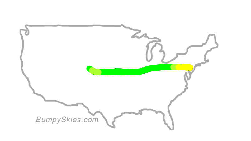 Map of continental US with illustrated flight path and turbulence forecast (described in text below)