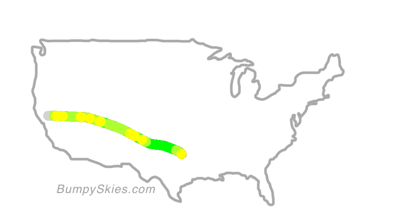 Map of continental US with illustrated flight path and turbulence forecast (described in text below)
