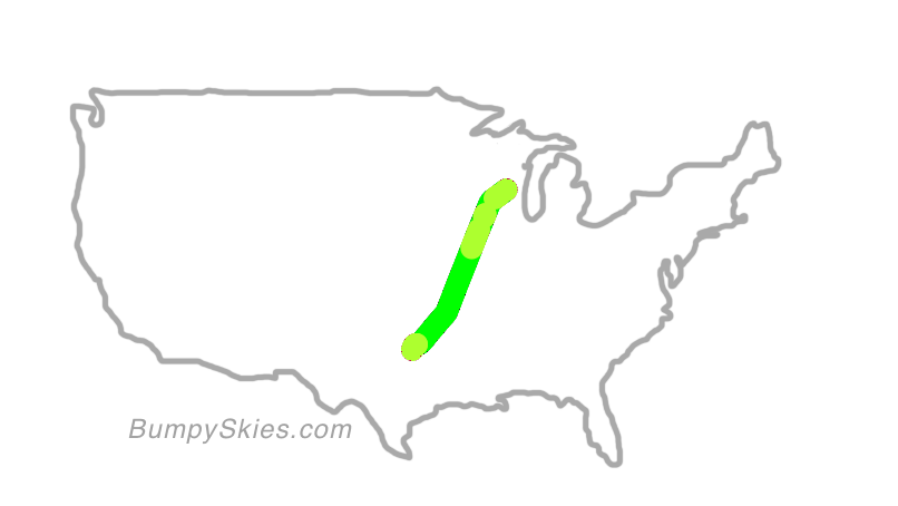 Map of continental US with illustrated flight path and turbulence forecast (described in text below)