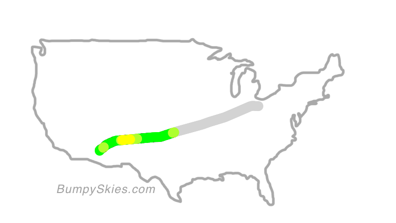 Map of continental US with illustrated flight path and turbulence forecast (described in text below)