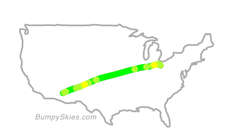Map of continental US with illustrated flight path and turbulence forecast (described in text below)