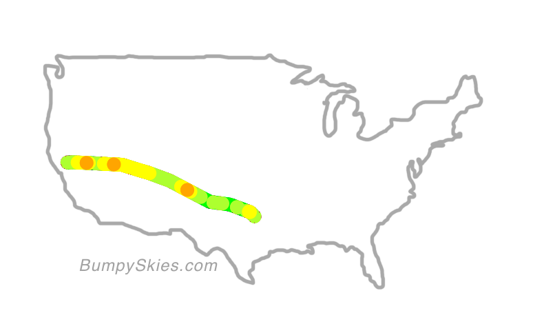 Map of continental US with illustrated flight path and turbulence forecast (described in text below)