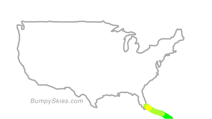 Map of continental US with illustrated flight path and turbulence forecast (described in text below)