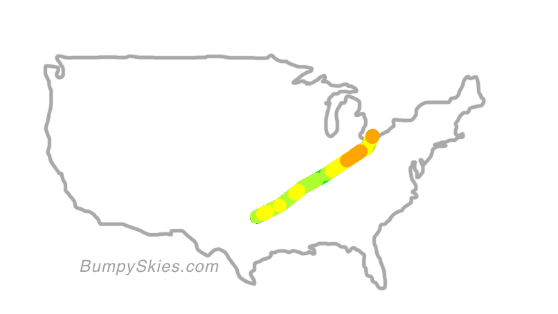 Map of continental US with illustrated flight path and turbulence forecast (described in text below)
