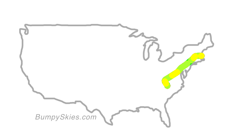 Map of continental US with illustrated flight path and turbulence forecast (described in text below)
