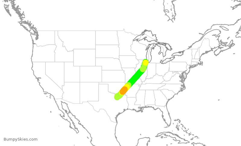 Turbulence forecast map for AAL1555, ORD to DFW