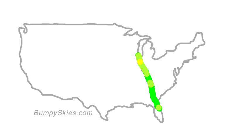 Map of continental US with illustrated flight path and turbulence forecast (described in text below)