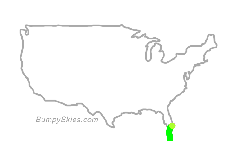 Map of continental US with illustrated flight path and turbulence forecast (described in text below)
