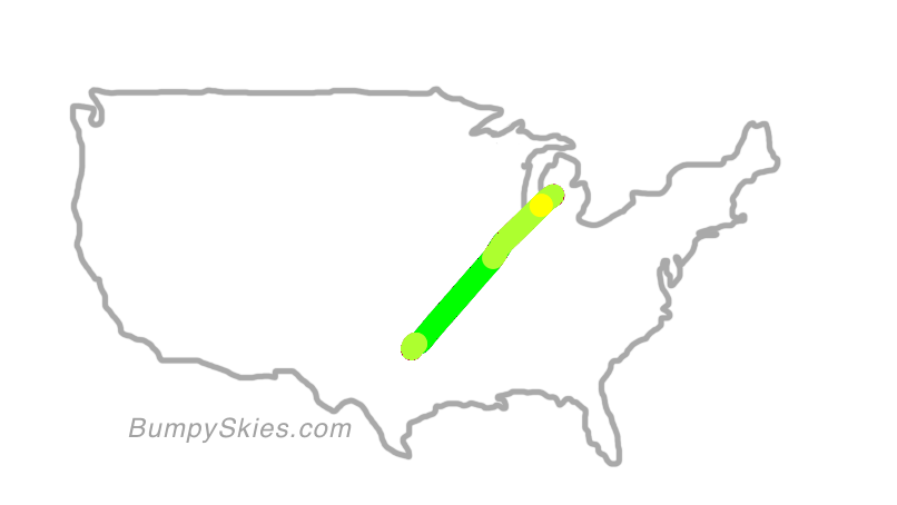 Map of continental US with illustrated flight path and turbulence forecast (described in text below)