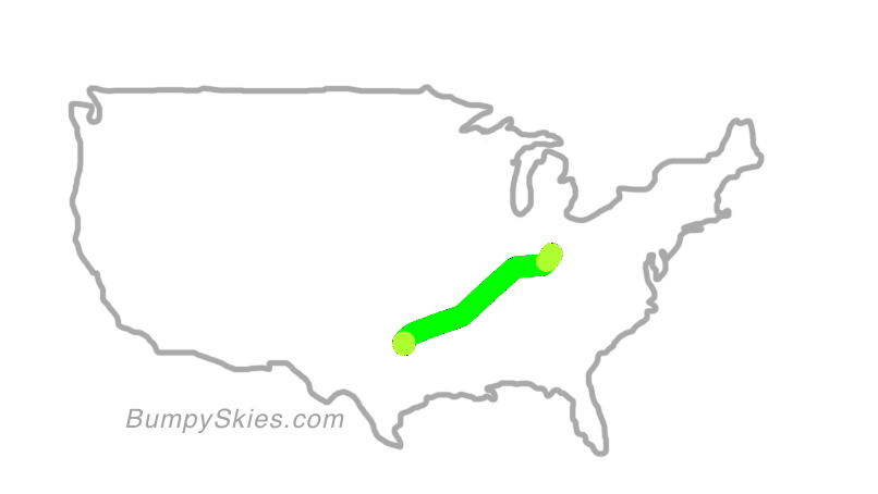 Map of continental US with illustrated flight path and turbulence forecast (described in text below)