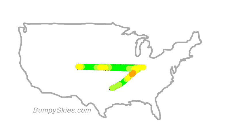 Map of continental US with illustrated flight path and turbulence forecast (described in text below)