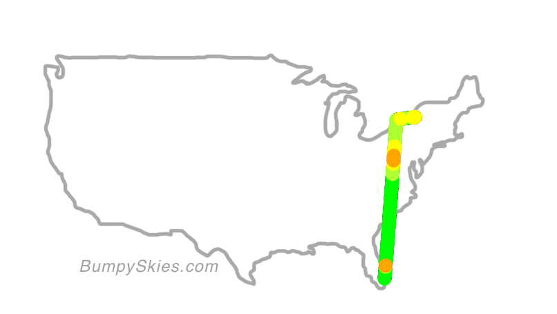 Map of continental US with illustrated flight path and turbulence forecast (described in text below)