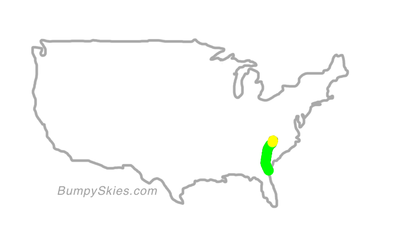 Map of continental US with illustrated flight path and turbulence forecast (described in text below)