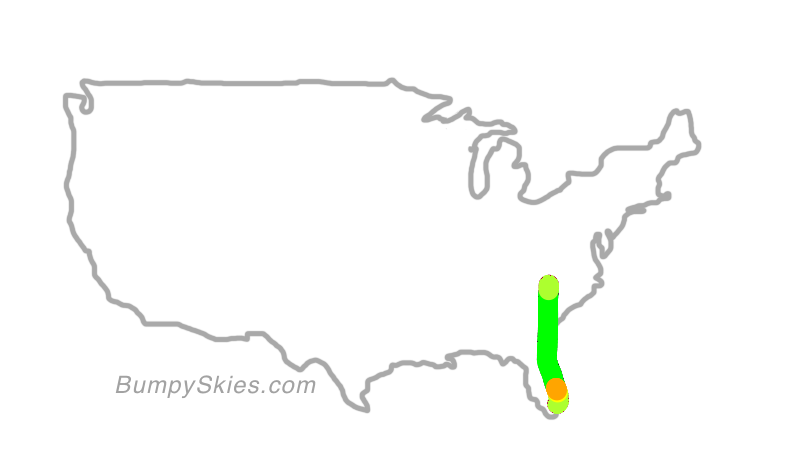 Map of continental US with illustrated flight path and turbulence forecast (described in text below)