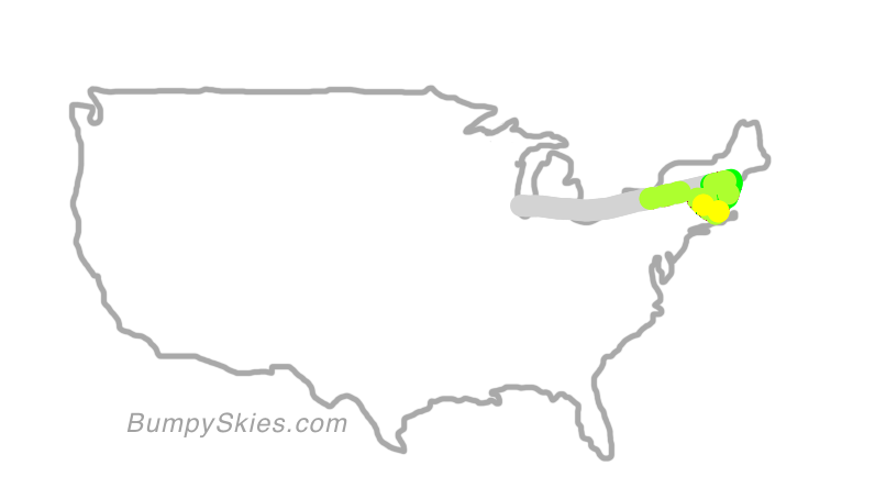 Map of continental US with illustrated flight path and turbulence forecast (described in text below)