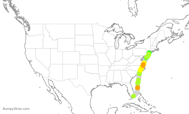 Turbulence forecast map for AAL1586, MIA to JFK