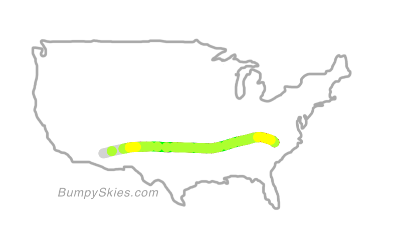 Map of continental US with illustrated flight path and turbulence forecast (described in text below)
