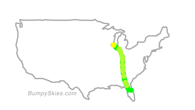 Map of continental US with illustrated flight path and turbulence forecast (described in text below)