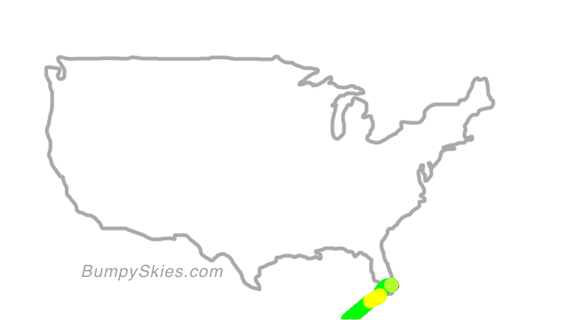 Map of continental US with illustrated flight path and turbulence forecast (described in text below)