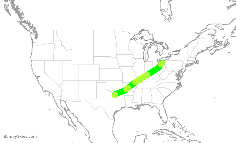 Turbulence forecast map for AAL1590, CLE to DFW
