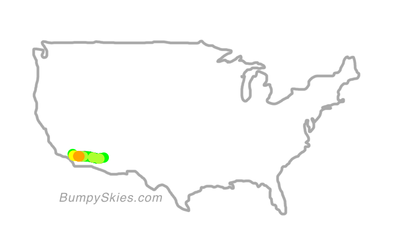Map of continental US with illustrated flight path and turbulence forecast (described in text below)