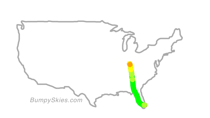 Map of continental US with illustrated flight path and turbulence forecast (described in text below)